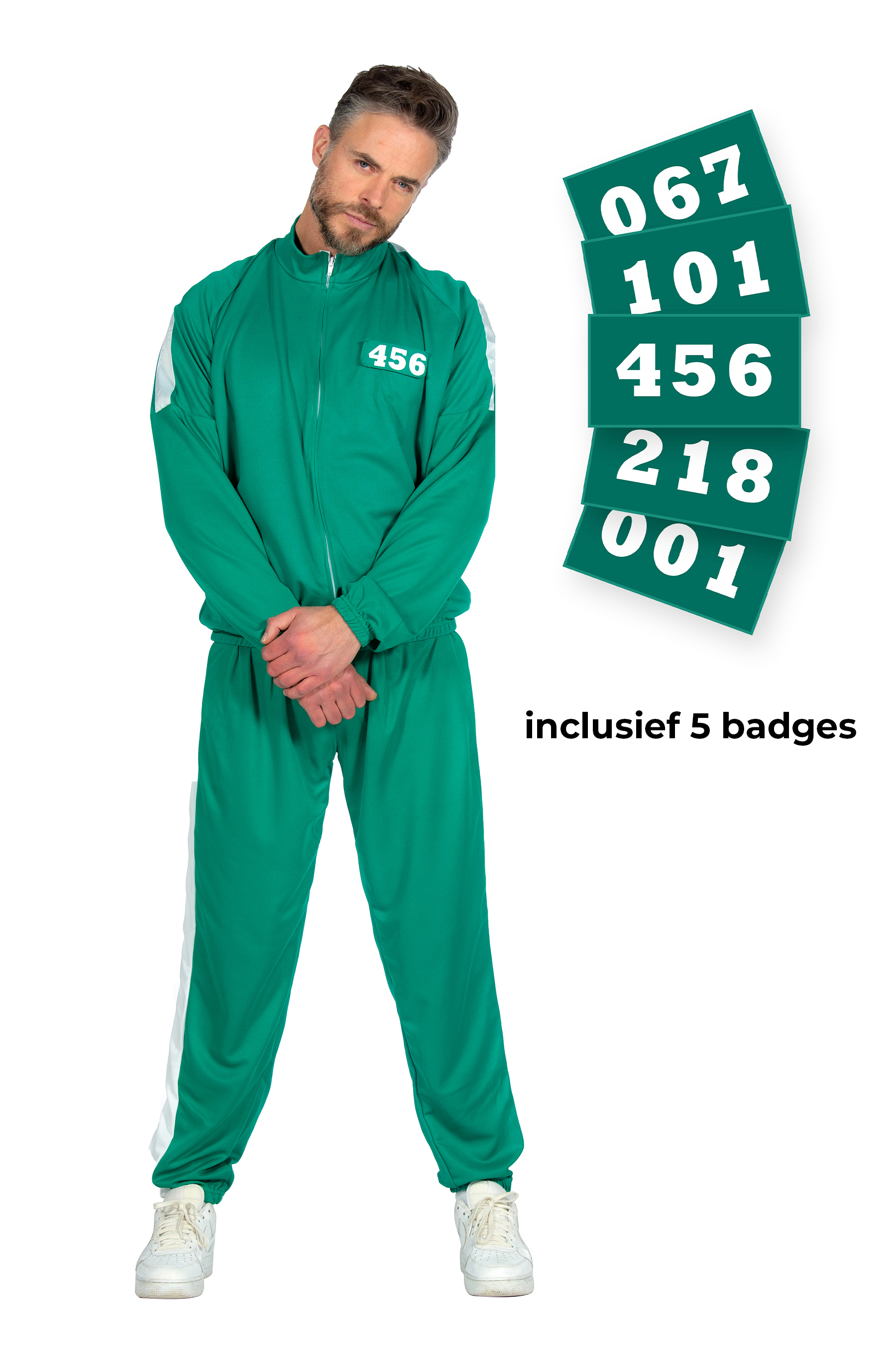 Squid Game Teilnehmer Tracksuit Green Mit 5 Abzeichen Erwachsenen Unisex Kostüm