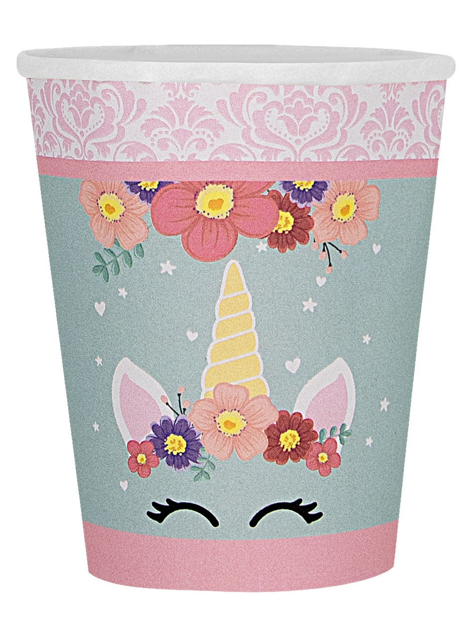 8 Einhorn Pappbecher - Unicorn Flowers