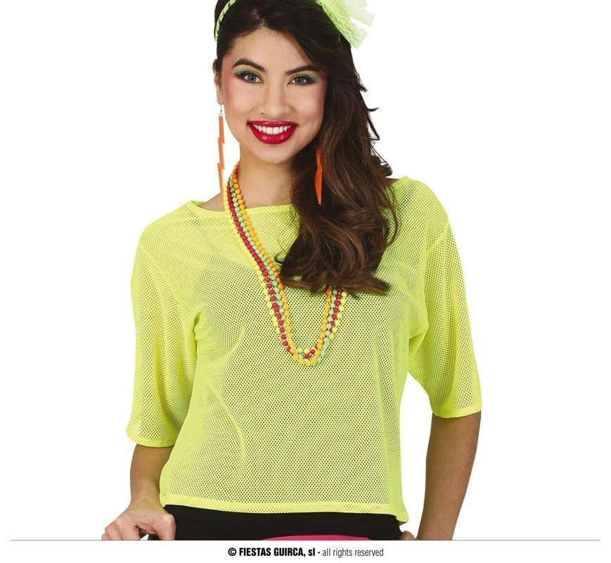 Also 80er Netz Neon Gelbes Hemd Damen