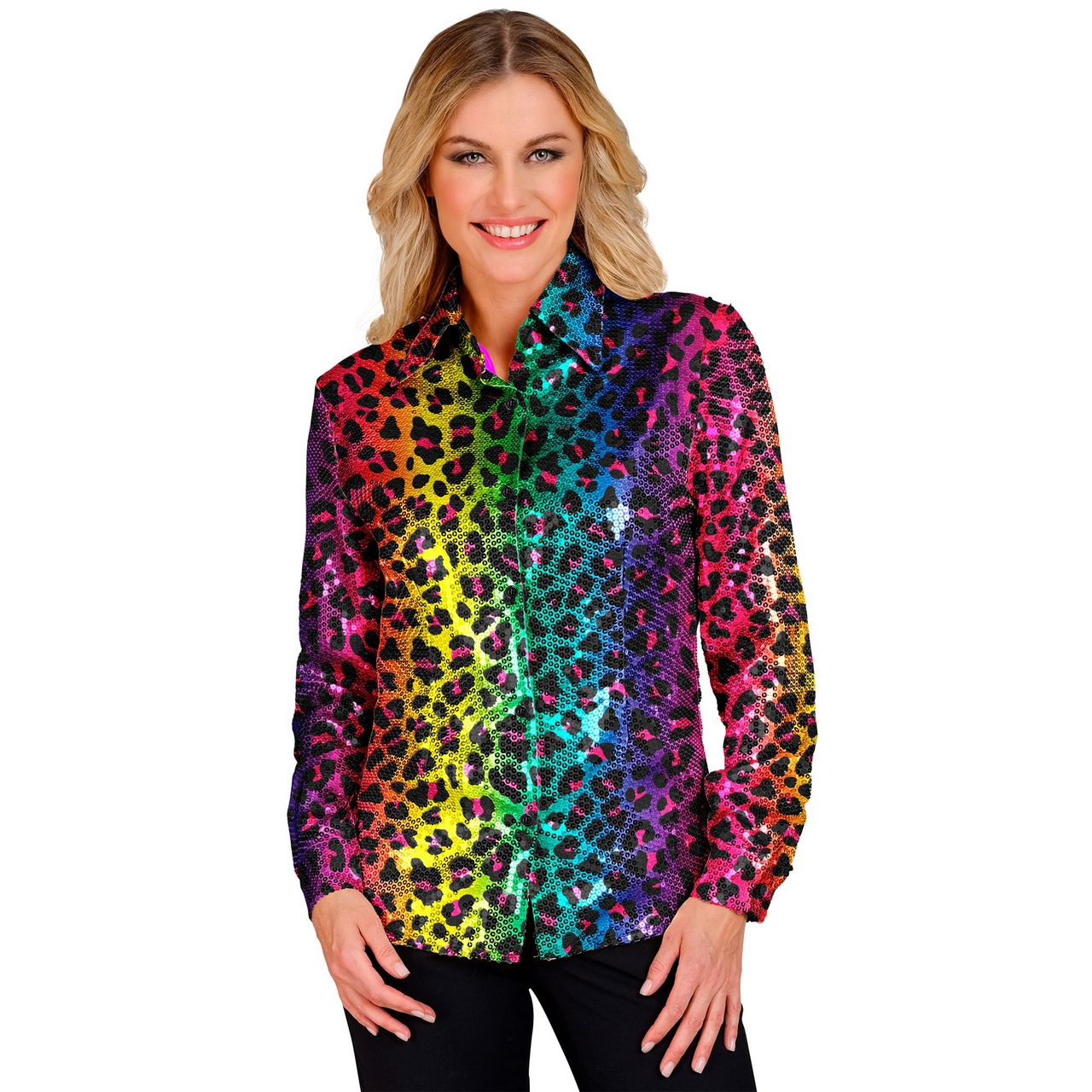 Ultra Falsche Paillettenbluse Mit Regenbogen Leopardenmuster Damen