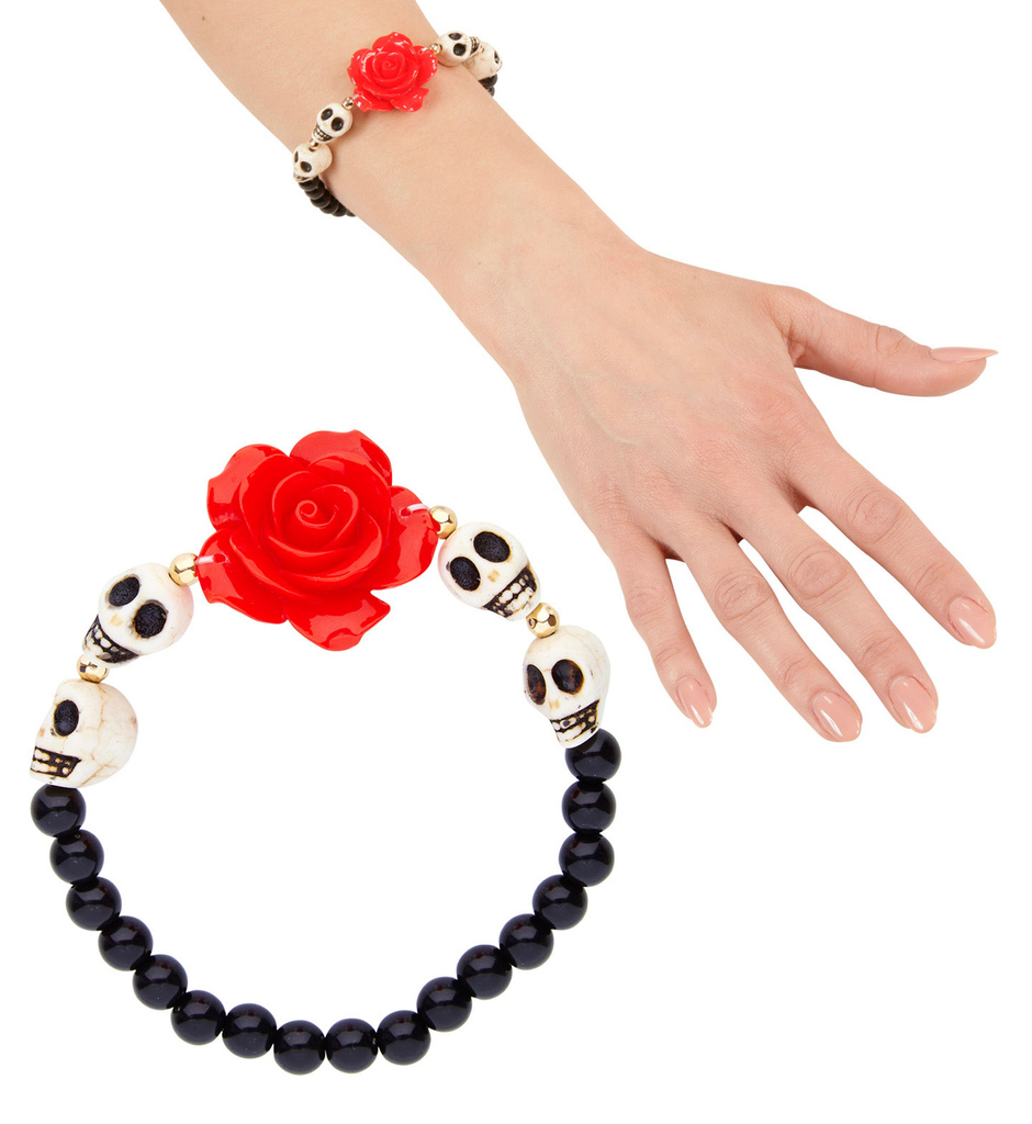 Horrorarmband Weißer Schädel Rot Rose