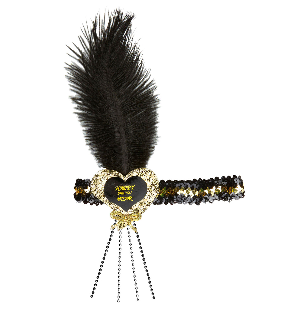 20s Glitzer Stirnband Schwarz / Gold Frohes Neues Jahr Herz