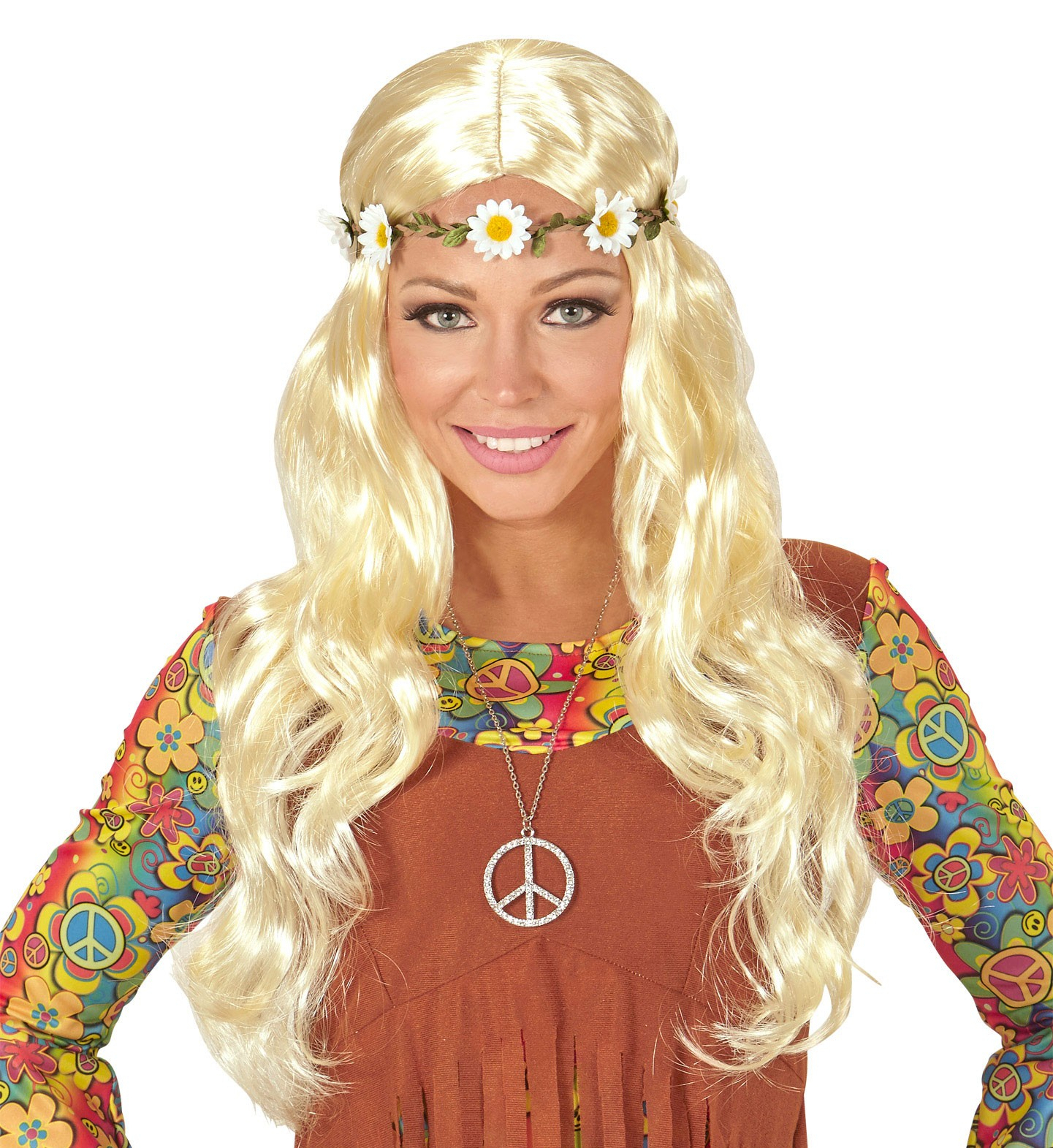 Curly Carla Perücke, Hippie / Mittelalter Blond Mit Blumenstirnband