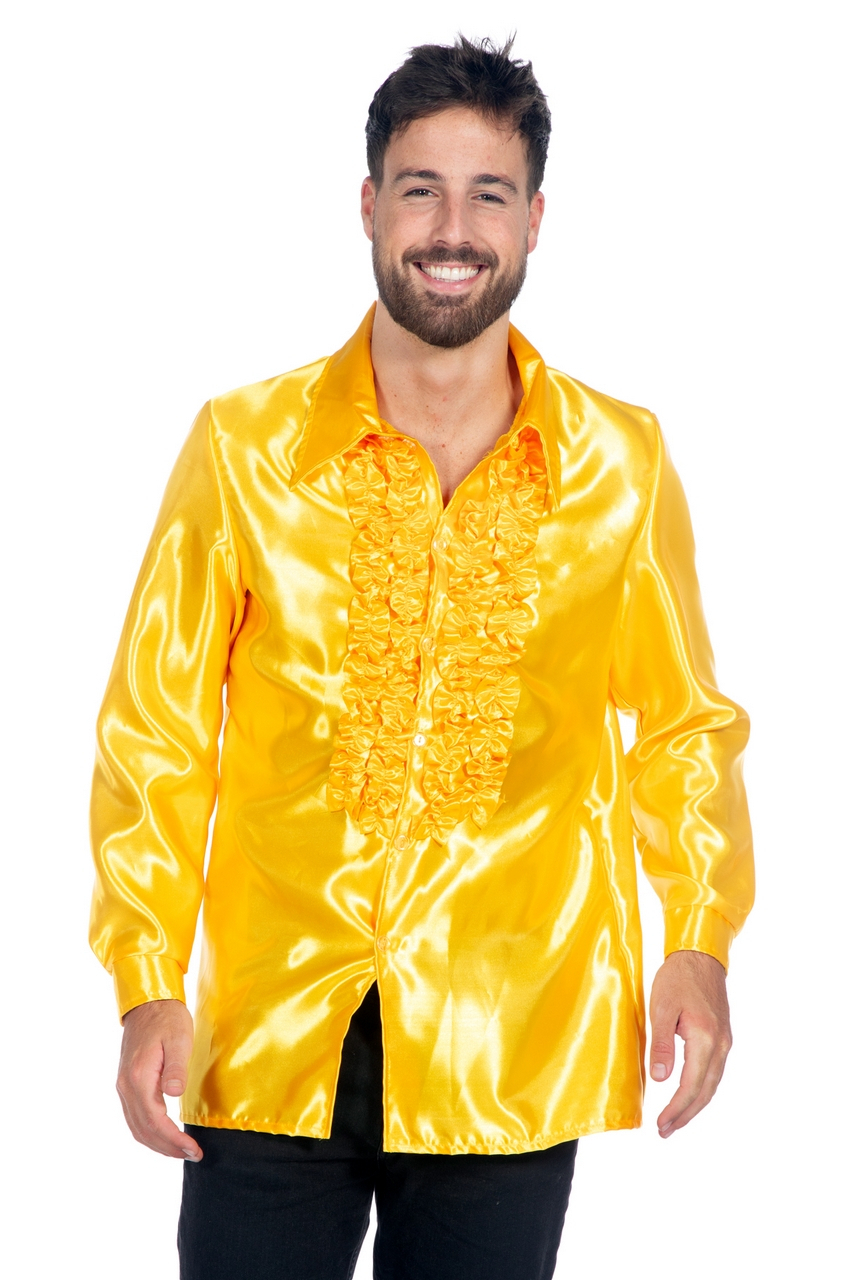 Einkaufen Gelbe Falsche Rüschen Bluse Satin Disco Party Herren