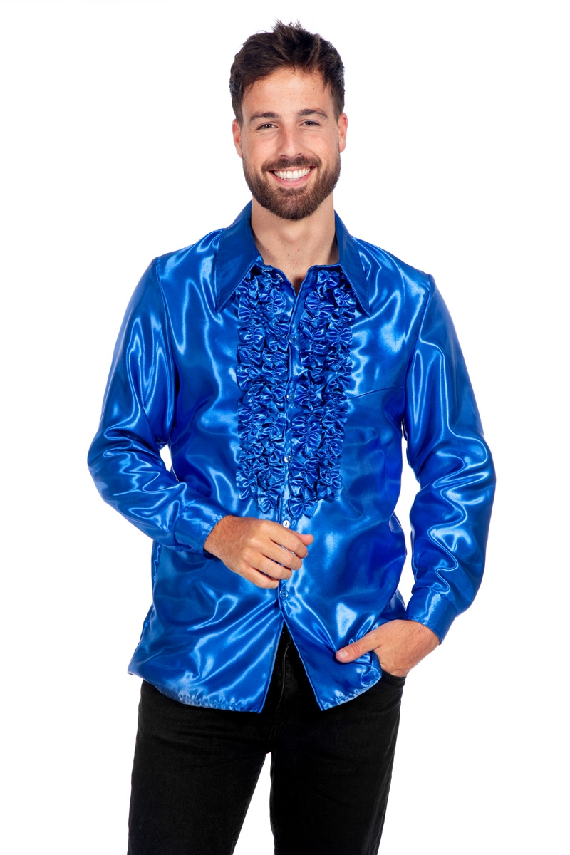 Blaue Rüschenbluse Satin Falsch Disco Unisex