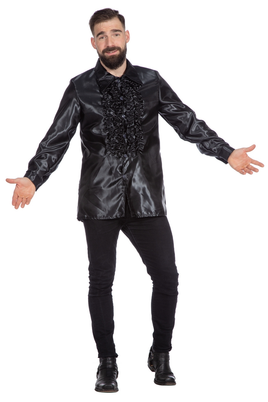 Schwarze Rüschenbluse Satin Falsch Disco Unisex