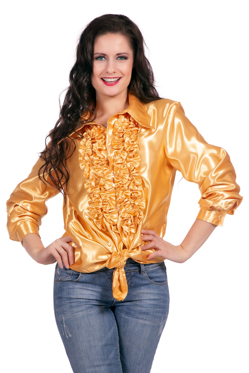 Oranje Ruchesblouse Satin Foute Disco Unisex