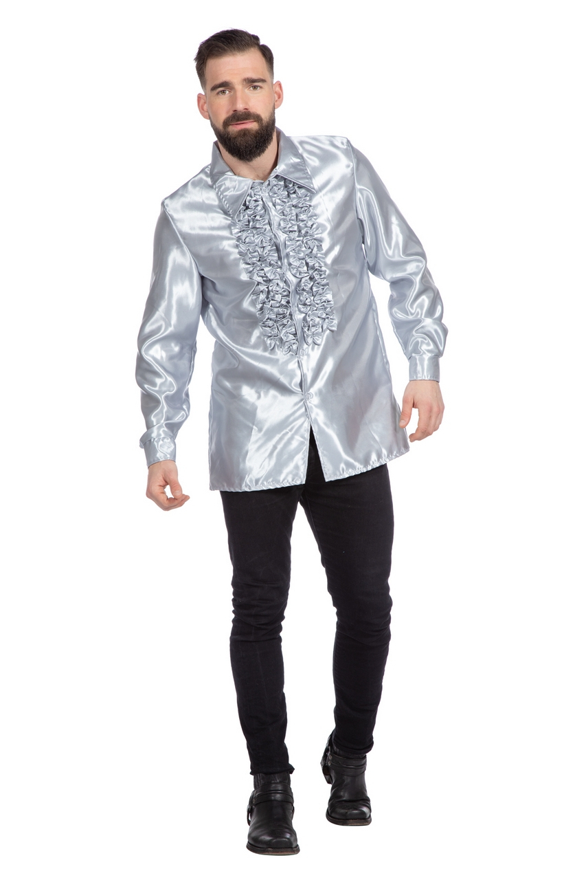 Silberne Rüschen Bluse Satin Falsch Disco Unisex