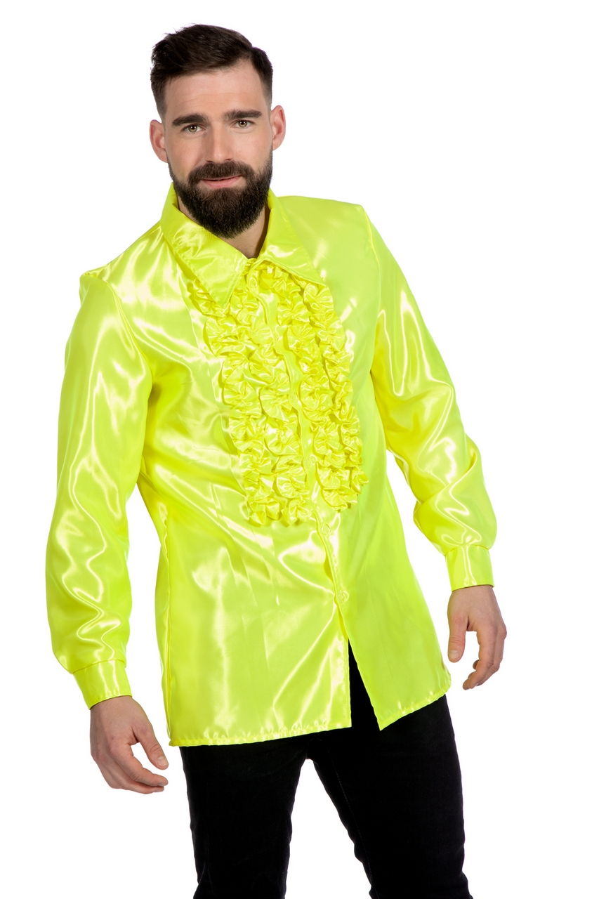 Gelbe Rüschen Bluse Satin Falsch Neon Disco Unisex