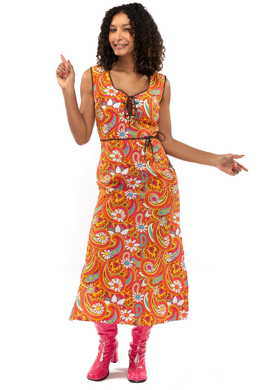 Orange Lange 70er Und 60er Jahre Hippie Blumen Seele Disco Pretty Paisley Damenkostüm