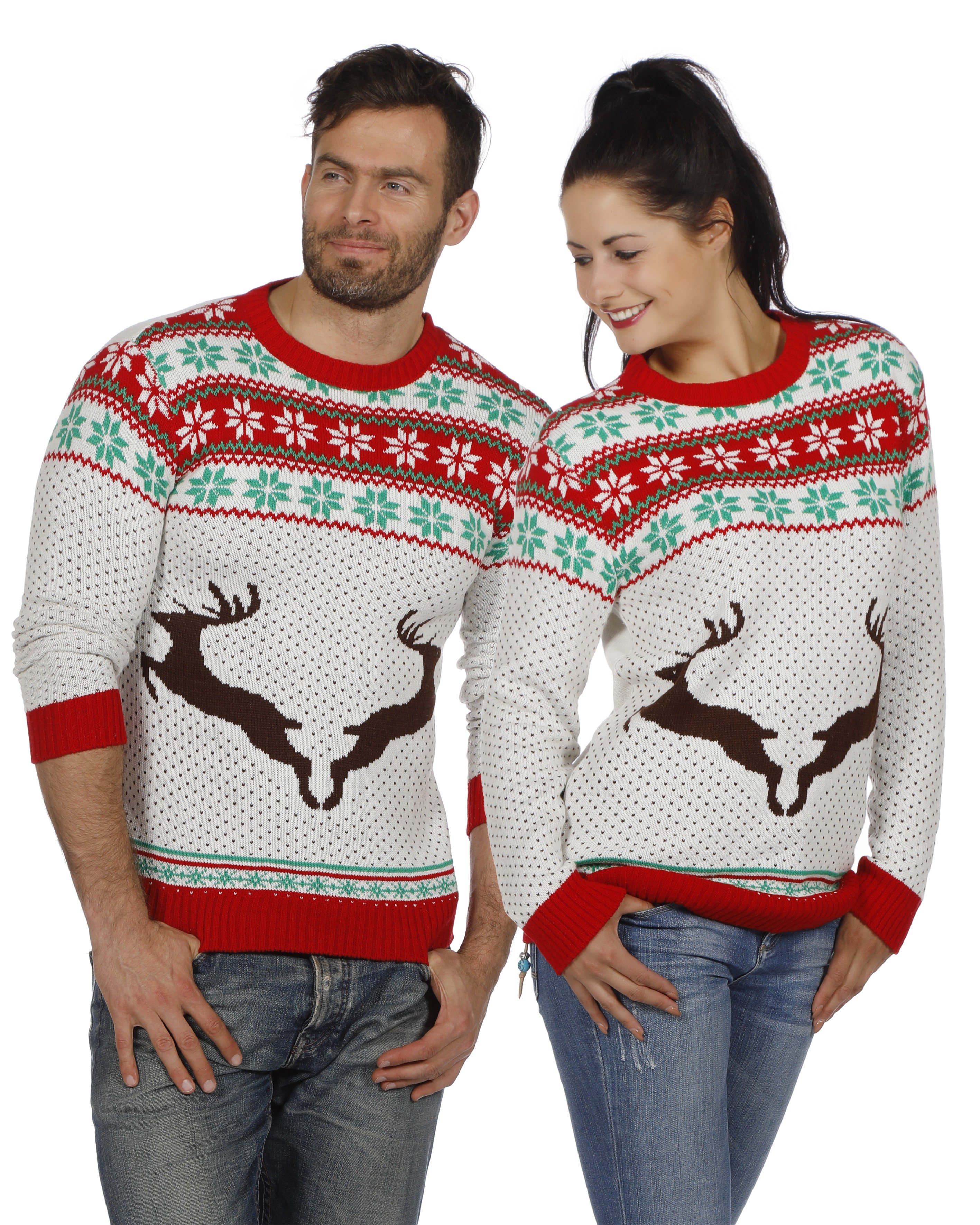 Weihnachtspullover Weiß Mit Rentieren Unisex