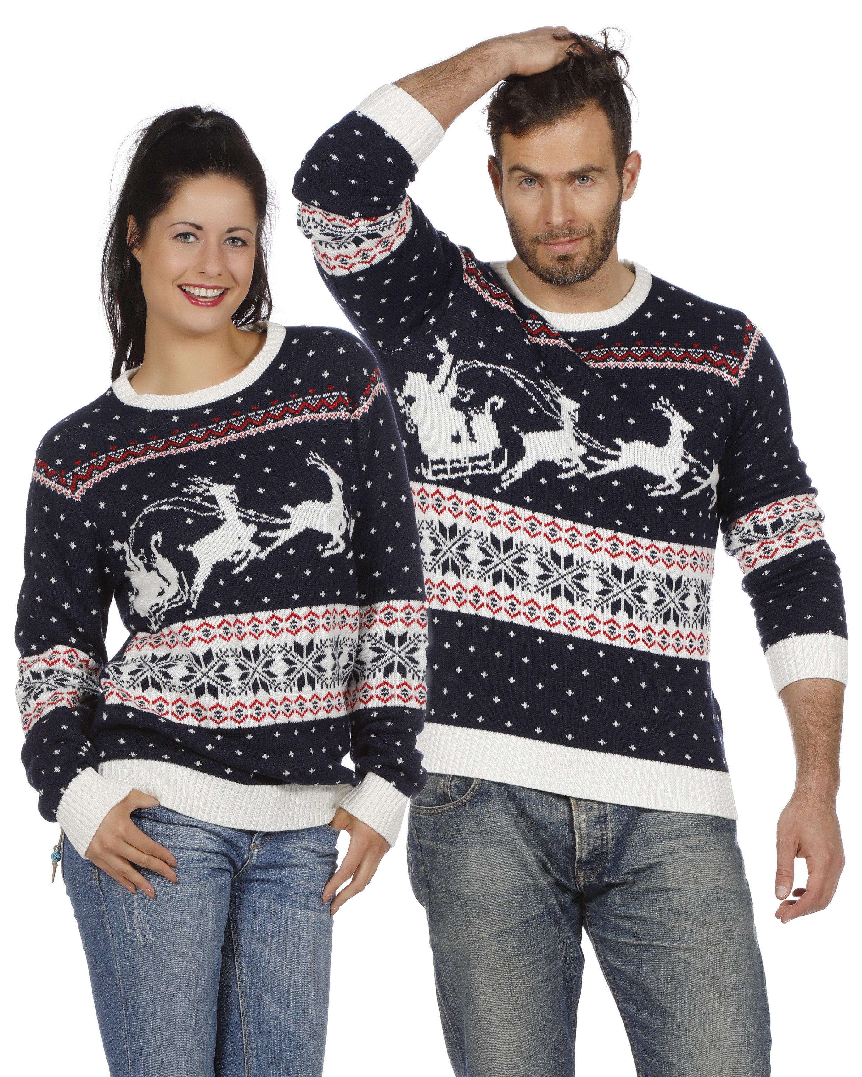 Weihnachtspullover Blau Mit Schlitten Unisex