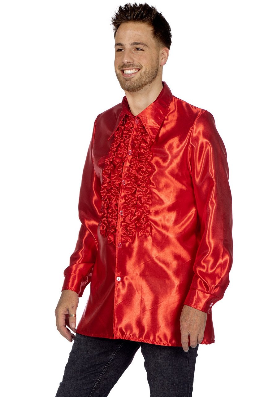 Leuchtend Rote Schlechte Ruchesblouse Satin Disco Party Herren