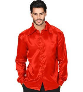 70er Jahre Disco -Shirt Rot Satin Herren