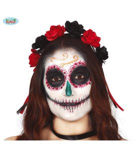 Dia De Los Muertos Hoofdband Met Zwarte En Rode Rozen