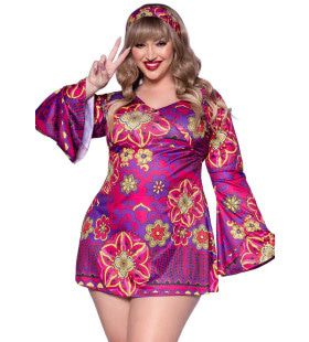 Retro Jaren 70 Hippie Roze Paars Plus Size Vrouw Kostuum