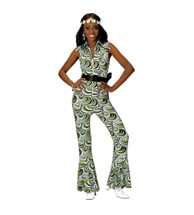 Groovy Geralda 70s Dames Groen Blauwe Jumpsuit, Golven Vrouw Kostuum