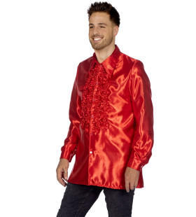 Leuchtend Rote Schlechte Ruchesblouse Satin Disco Party Herren