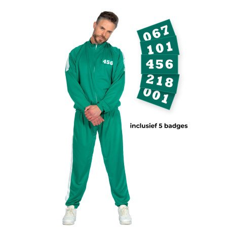 Squid Game Teilnehmer Tracksuit Green Mit 5 Abzeichen Erwachsenen Unisex Kostüm