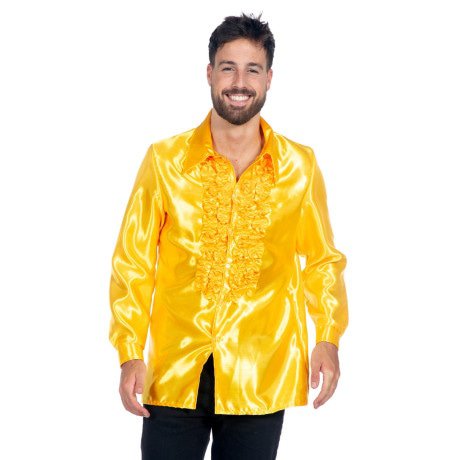 Einkaufen Gelbe Falsche Rüschen Bluse Satin Disco Party Herren