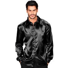 70er Jahre Disco -Shirt Schwarzer Satin Herren