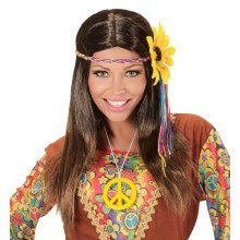 Dammy -Perücke, Hippie Brown Mit Multi -Colors Blumenstirnband