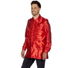 Leuchtend Rote Schlechte Ruchesblouse Satin Disco Party Herren